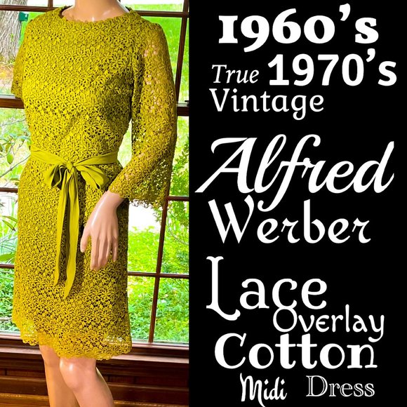 Vintage Dresses & Skirts - ▪️VTG▪️ALFRED WERBER▪️ILGWU▪️1960's 1970's Floral Lace Overlay Cotton Midi Dress